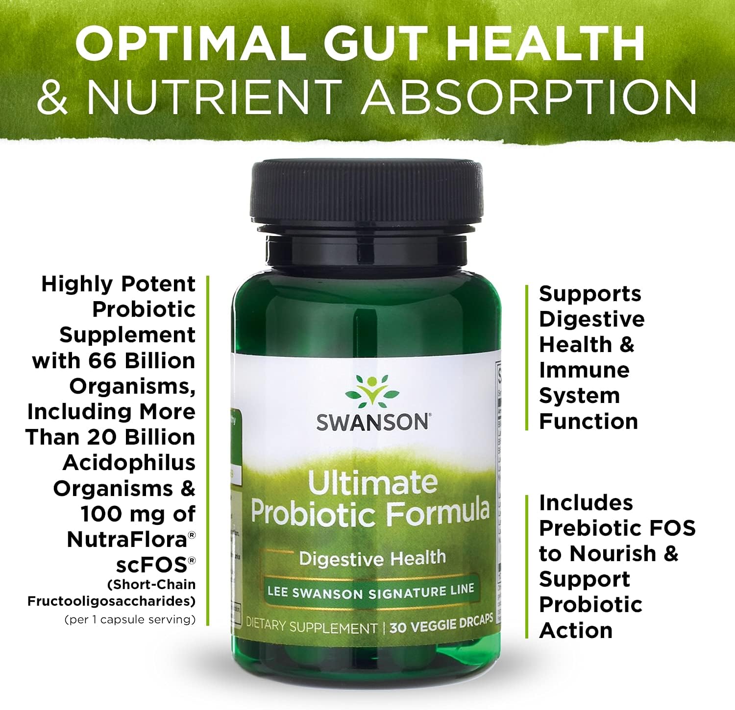 Swanson Ultimate Probiotic Formula Digestive Health Immune System Support 66 Billion CFU Prebiotic NutraFlora scFOS 30 DRcaps Veggie Capsules (Caps) (3 Pack)