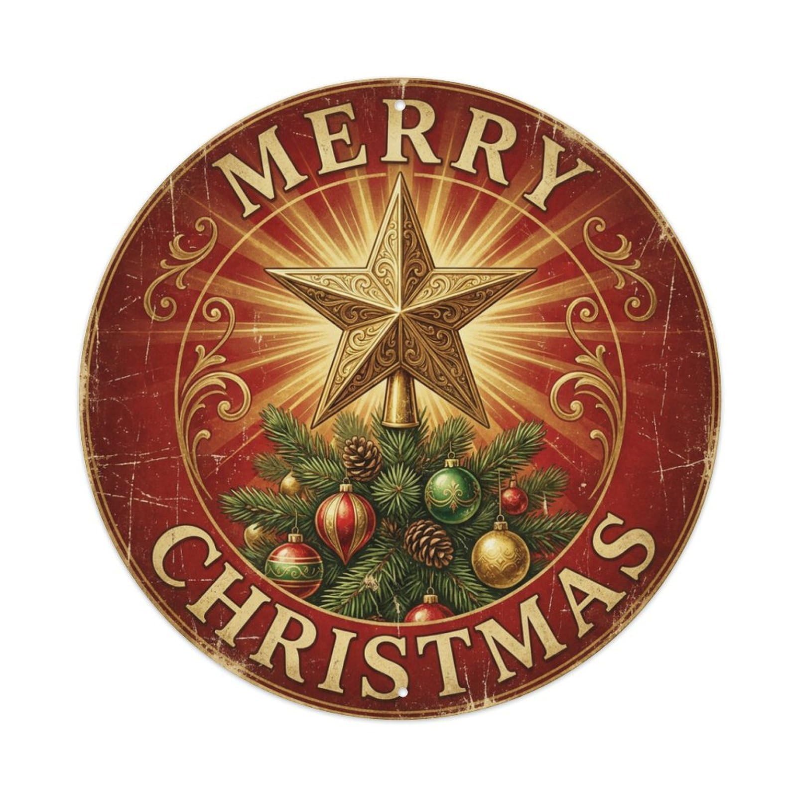 Merry Christmas Tree Topped Gold Star Metal Tin Sign