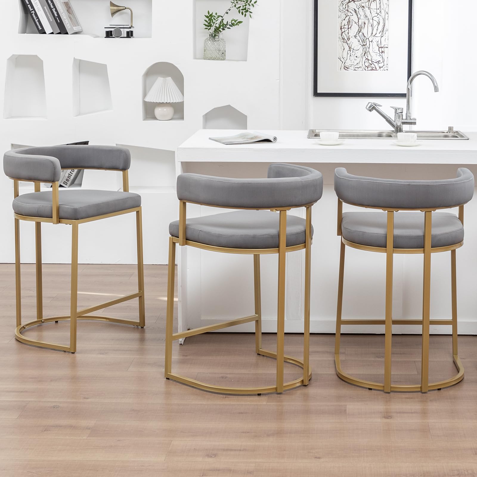 Reyxzoe Gold Counter Height Bar Stools Set of 3, Modern Velvet Barstools with Barrel Backs, 26 inch Upholstered Counter Stools for Kitchen Island,