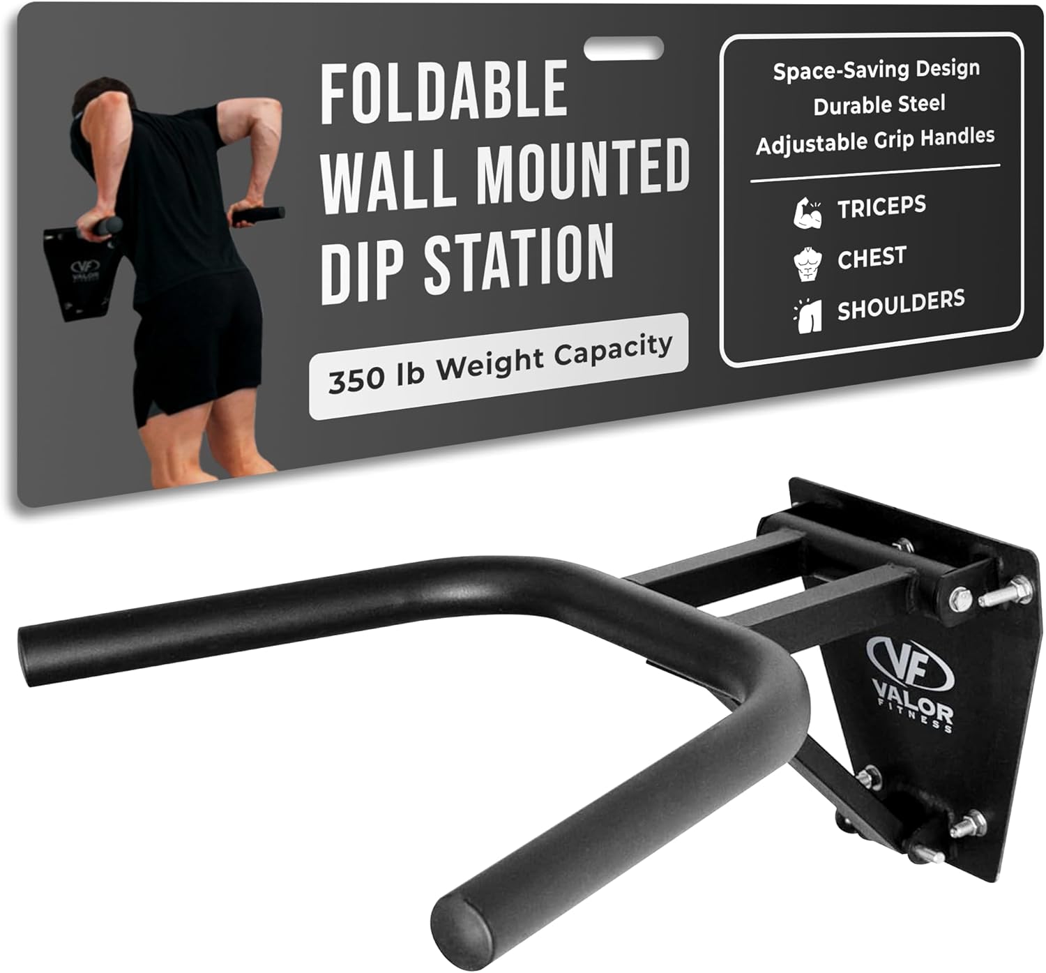 Valor Fitness Wall Mounted Dip Station - Foldable Dip Bar for Home Gym - Heavy Duty Steel Upper Body Training Equipment - Multi Grip Handles - 350 lb Capacity