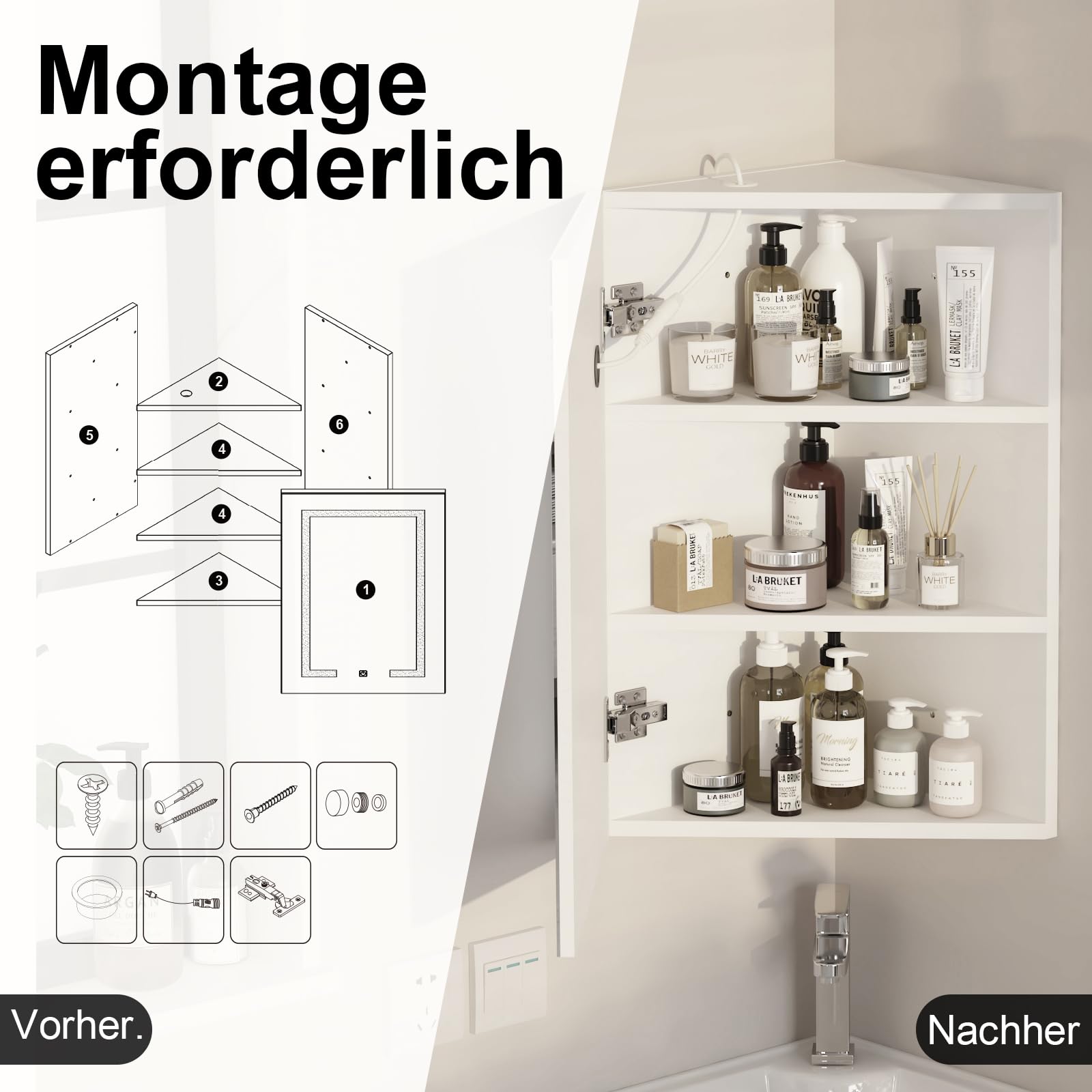 Spiegelschrank bad mit Beleuchtung für Ecke, Eckspiegelschrank Eckschrank