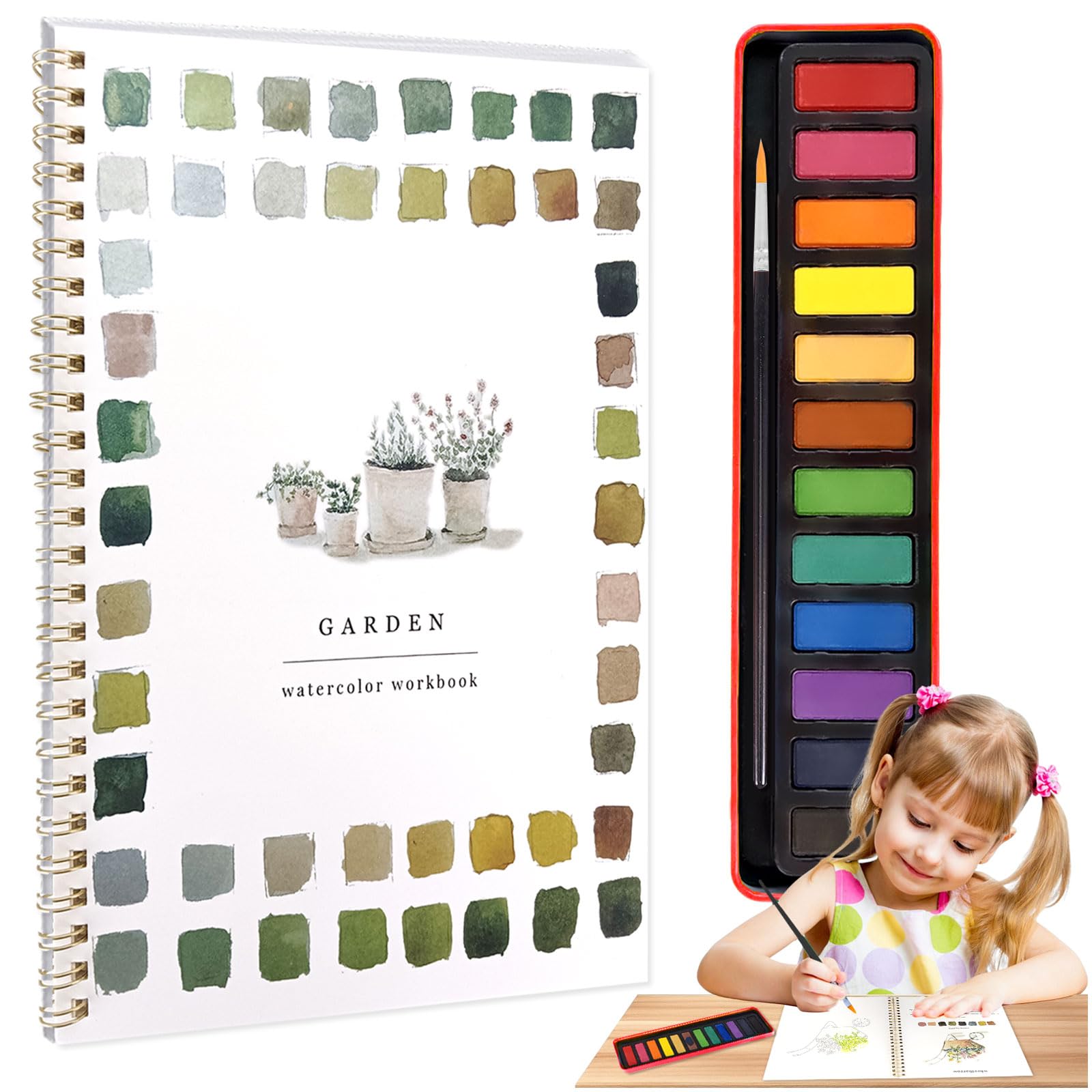 KutaKuta Cahier D'Exercices Aquarelle 12 Couleurs Avec Pinceau - Workbook Pour Adultes, Ados Et Enfants