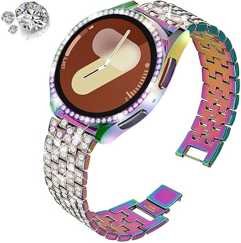 Vista 155 de Correas compatibles con Samsung Galaxy Watch FE / 5/4 de 1.575 pulgadas, correa de metal con diamantes de imitación brillantes de 0.787 pulgadas