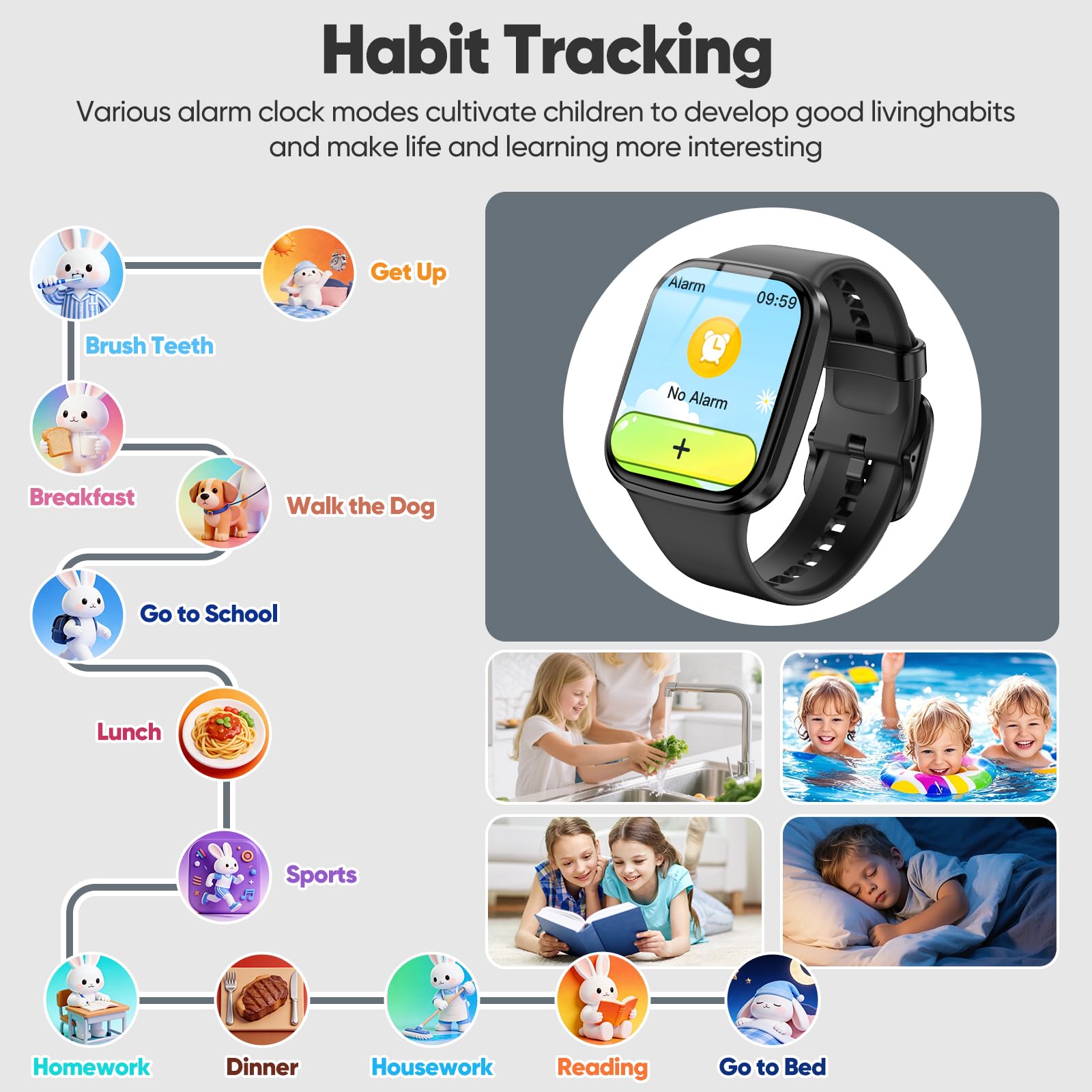 Kids Smart Watch for Boys Girls, HD Touchscreen Fitness Tracker with Heart Rate, Sleep Monitor, Activity, Pedometer, IP68 Waterproof SmartWatch with/without App, Gifts for Kids 4-12 (Black) — view 6