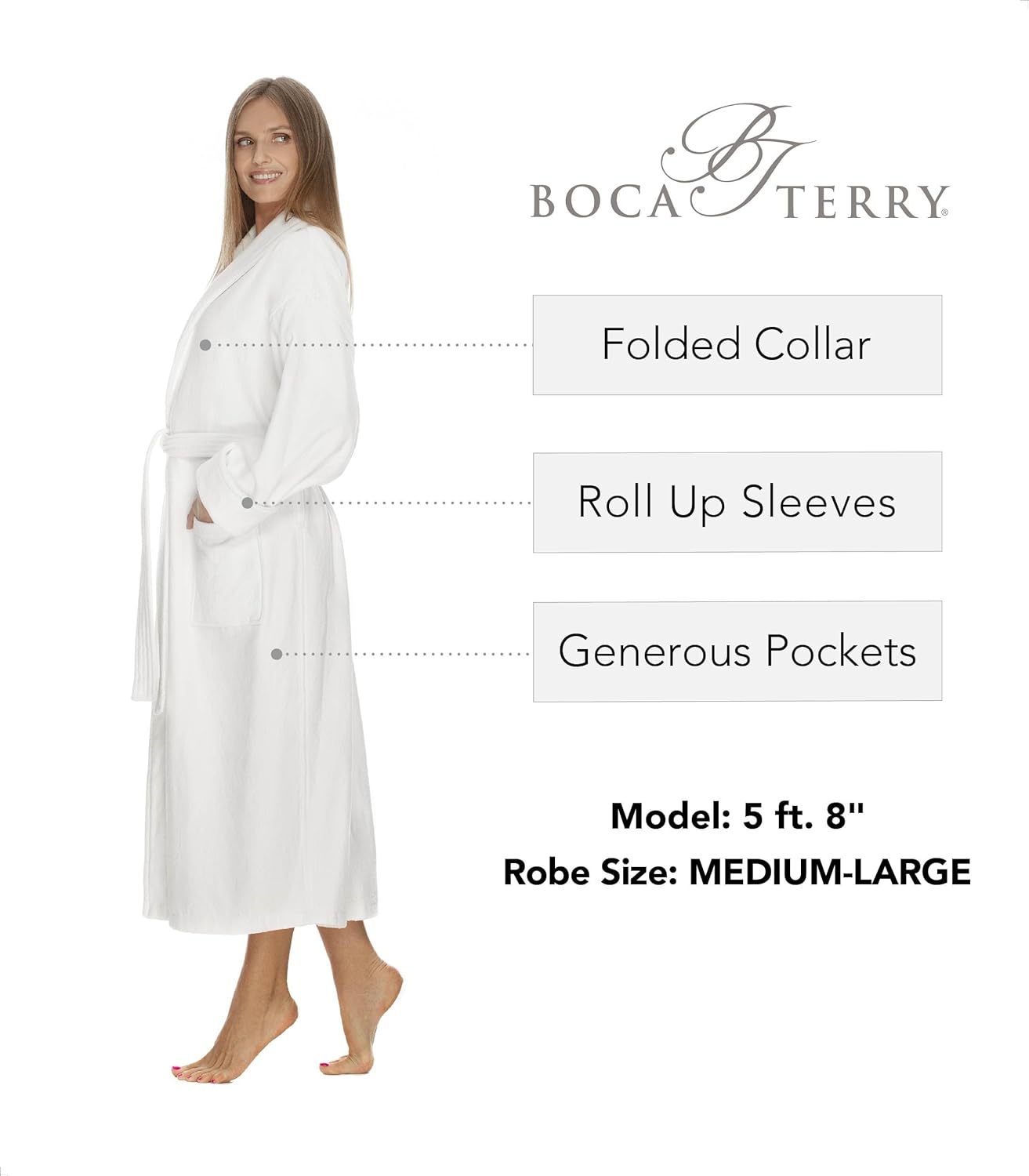 Terry Cloth Bathrobe by BOCA TERRY, Luxury Robe for Women, Plush White Cotton Hotel Spa Robes, M/L & 2X