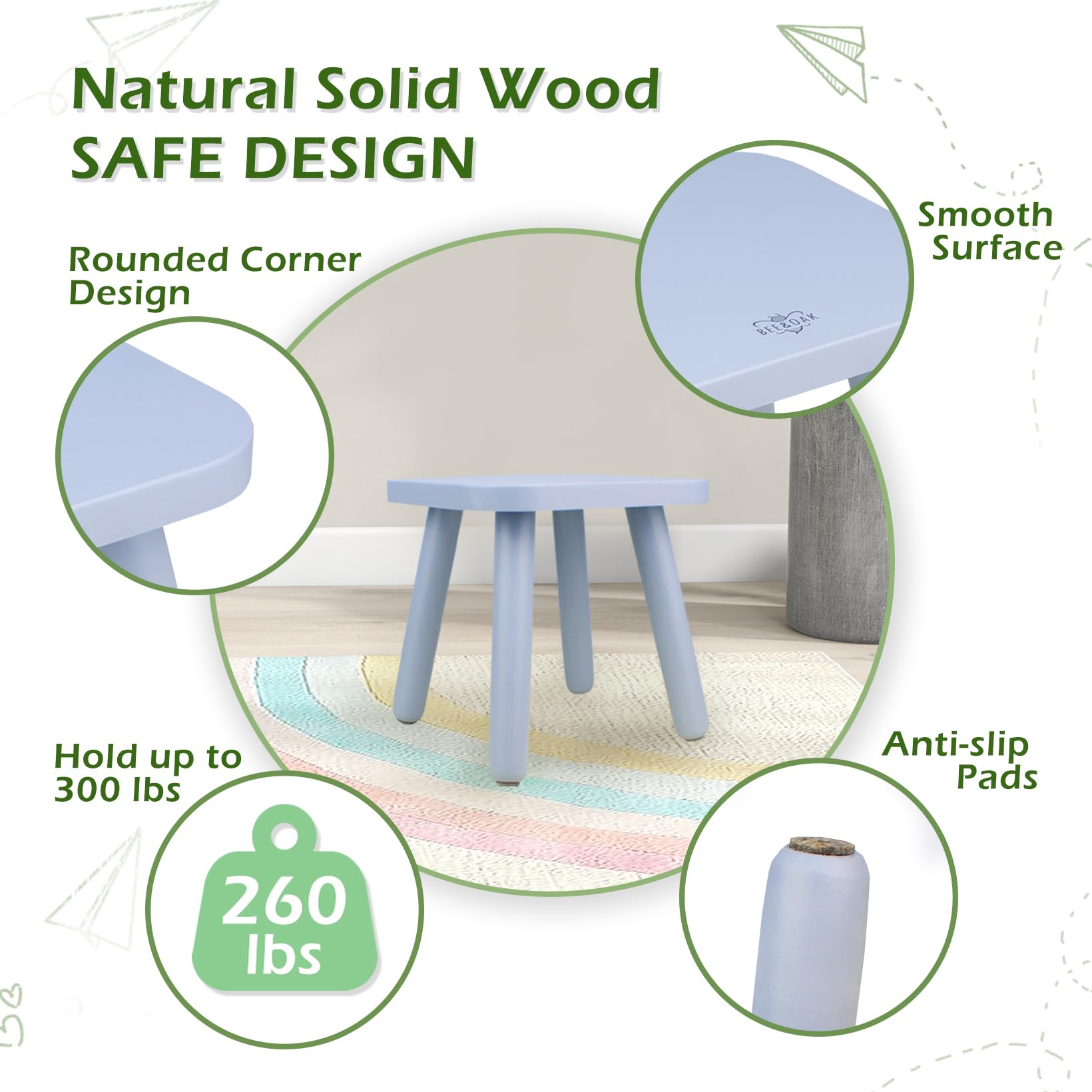 BEE&OAK Wooden Step Stools for Kids and Adults, Solid Rubber Wood Non-Slip Step Foot Stool, Heavy Duty 300 lbs One Step Stool for Bedroom, Bathroom, Kitchen (Pink, 9.25" (D) x 9.25"(W) x 8.86"(H)): BEE&OAK Wooden Step Stool for Adults Kids, Solid Rubberwood Small Wooden Stool for Bedroom, Bathroom, Kitchen, Plant Stand, 9.25 Inches,Square One Step Stool (Blue)