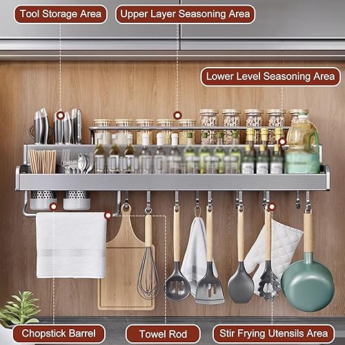 Miniatura 2 de Estante de especias de cocina de doble capa, soporte para utensilios de cocina, con soportes para cuchillos y gancho, gran espacio, adecuado para