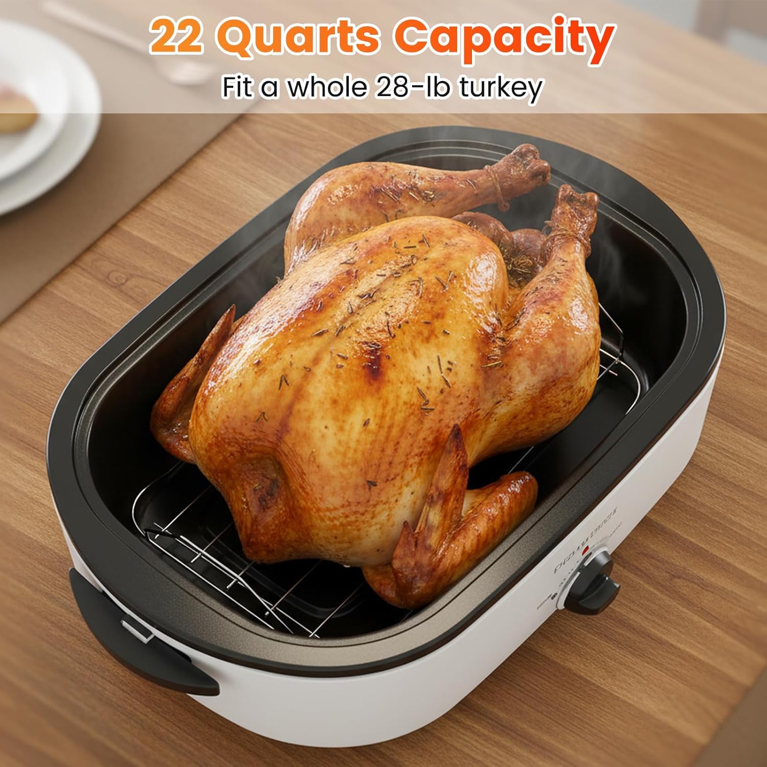 COSTWAY 22 Qt. Electric Turkey Roaster Oven 1450W with Self-Basting Lid, 150-450°F Full-range Temperature Control, Defrost & Warm Function, Removable Pan & Rack, Fits 28-lb Turkey, White