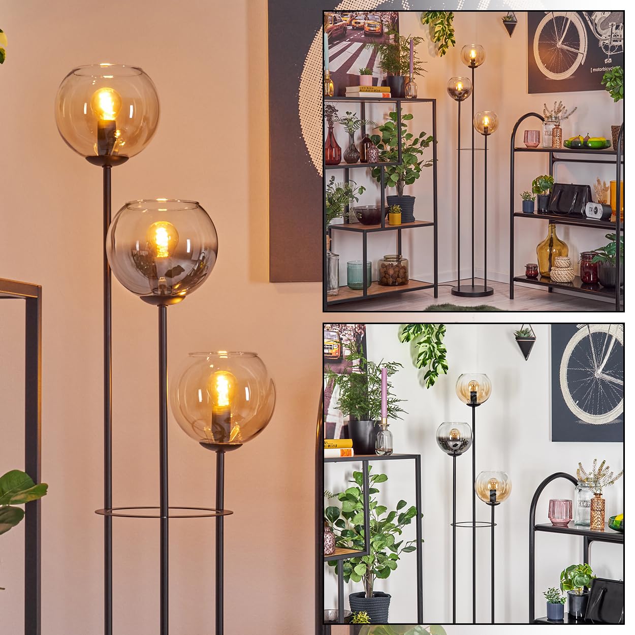 HOFSTEIN Lampa stojąca Koyoto, lampa stojąca z metalu/szkła w kolorze czarnym/dymnym/bursztynowym/przezroczystym, nowoczesna lampa w stylu vintage (abażury Ø 15 cm), przełącznik nożny, 150 cm, E14, do