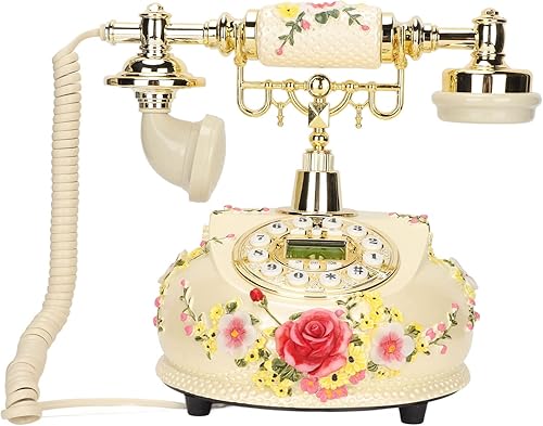 Hilitand Teléfono retro vintage, esfera rotativa, teléfono antiguo para el hogar, flores, teléfono con cable antiguo con cable FSK DTMF función de