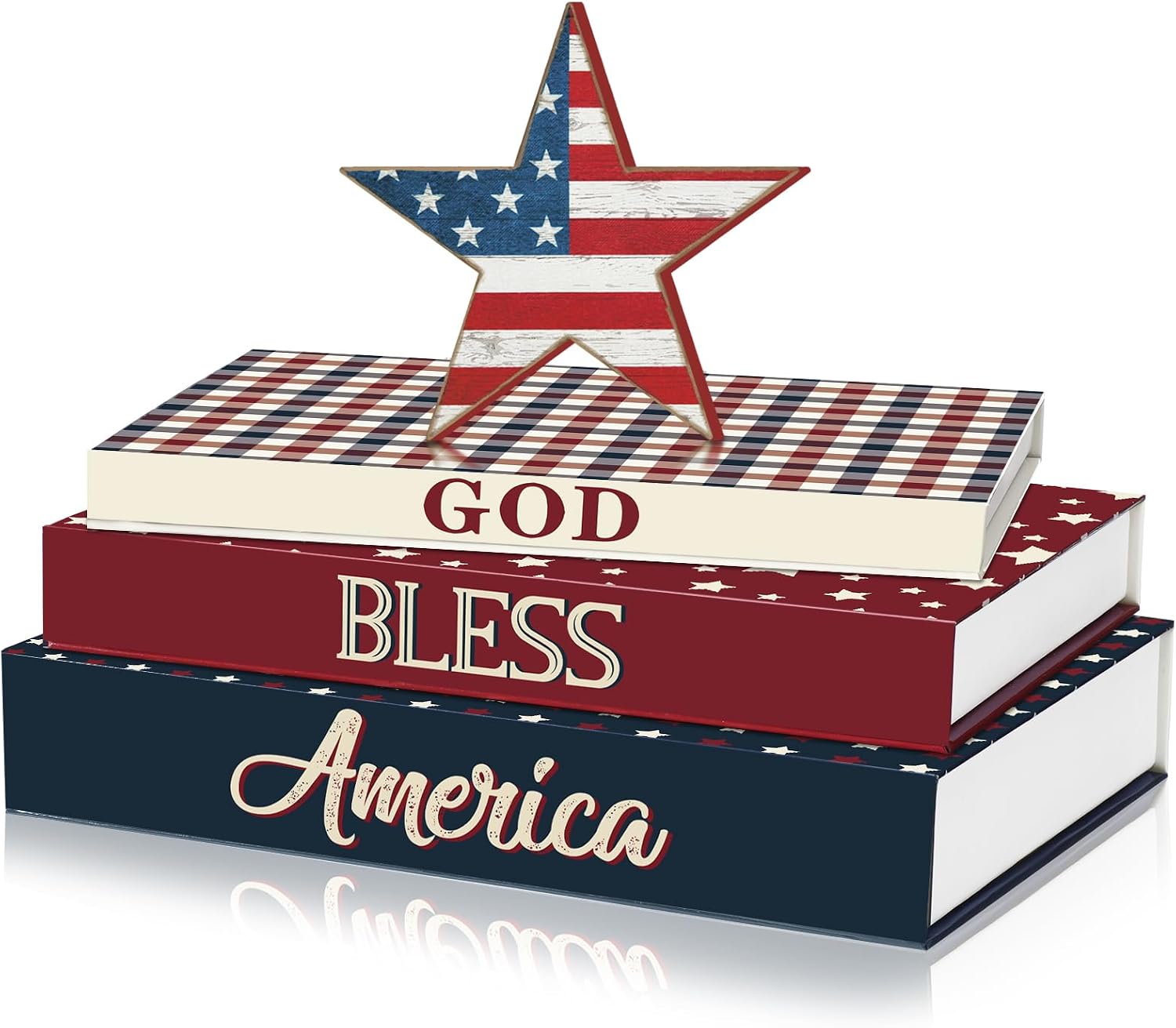 SiliFine 4 Pcs Patriotic Decorations, 911 Patriot Day Decorative Book Boxes with Wooden Star Sign, God Bless America Tabletop Decor for Mantel, Shelf, Entryway, Living Room, Home Office