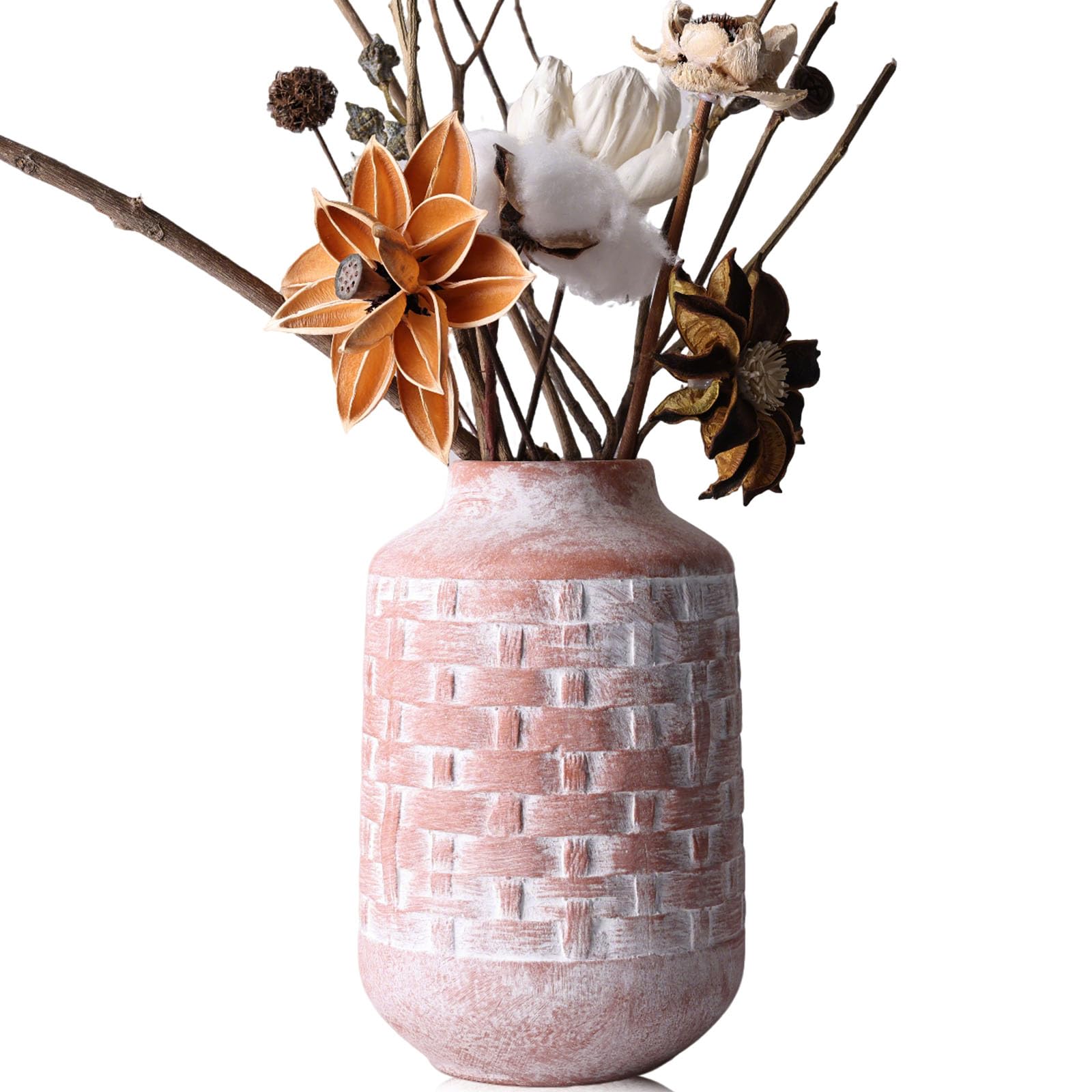 Jarrón rústico de cerámica naranja de 7 pulgadas, jarrón Wabi-Sabi, pequeño jarrón de terracota vintage, textura tejida, jarrón decorativo para decoración del hogar, mesa, decoración de sala de estar,