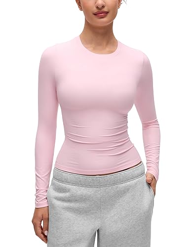 CRZ YOGA Softembrace Crewneck Long Sleeve Shirts for Women - Casual Going Out Tops Soft Basic Fitted Tight Fall T-Shirts - X-Small - Strawberry Pink