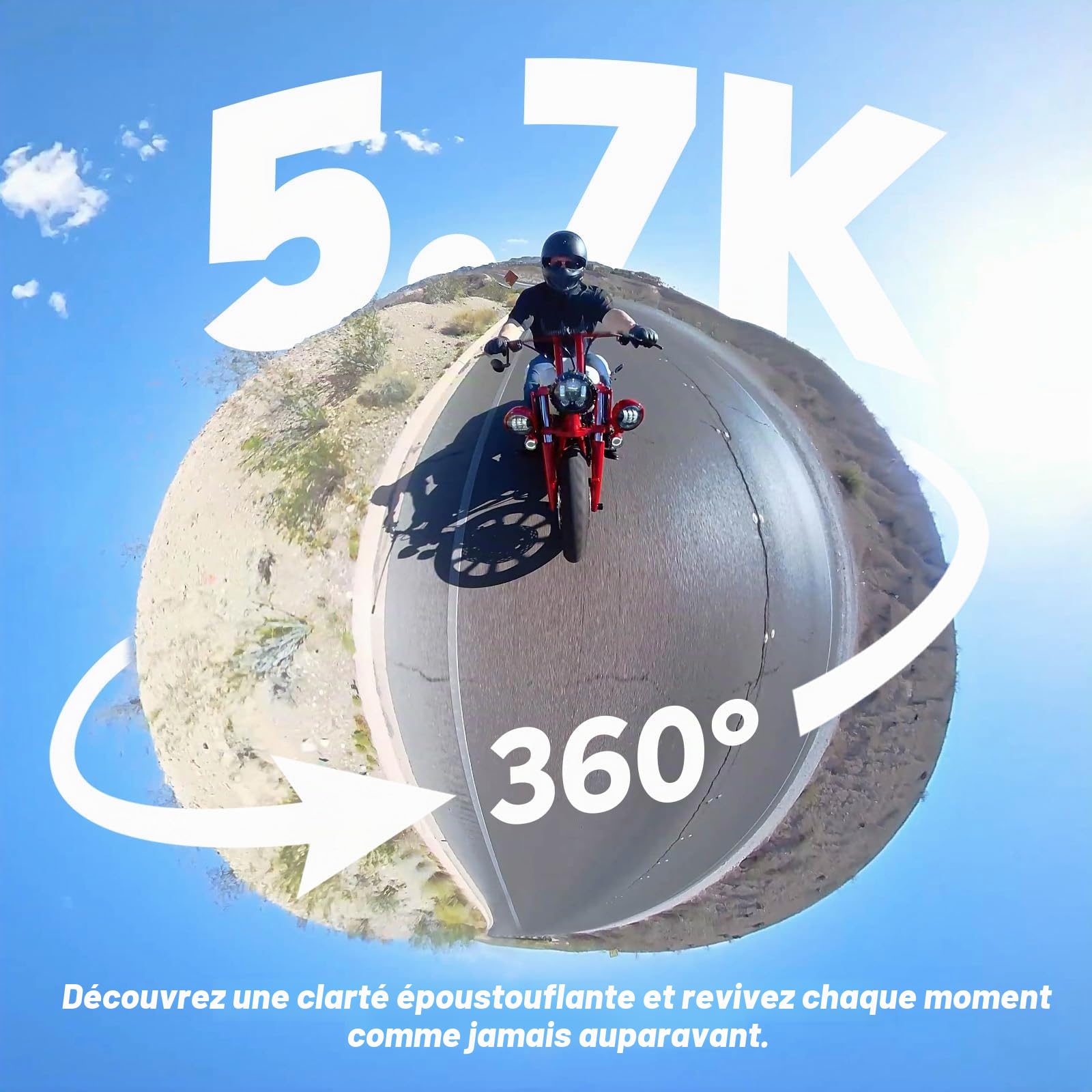 AKASO 360 Kit Moto pour Caméra d'action, Camera Sport à 360° avec Carte Mémoire 128 Go, 5.7K 360 Vidéo, 72MP Photo, SuperSmooth, 2.29" Écran Tactile, Effet Selfie Stick Invisible, Horizon 360° Lock