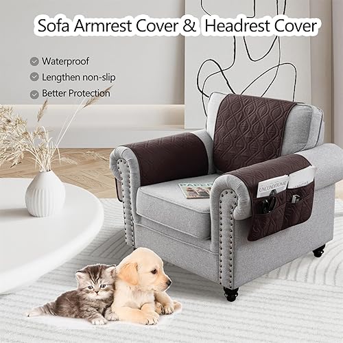 Miniatura 2 de Funda impermeable para reposabrazos de sofá, funda antideslizante para reposacabezas y reposabrazos de sofá, organizador de almacenamiento con 6