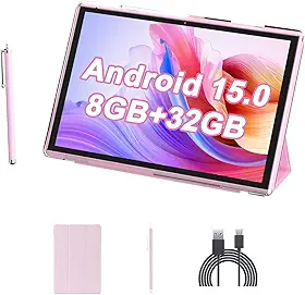 Tablet de 10 polegadas com capa Stylus, tablets Android 15, 8 GB de RAM, 32 GB, suporte para expansão de 1 TB, tablet de 10 polegadas, inclui capa protetora para tablet, câmera dupla 5G WiFi-6