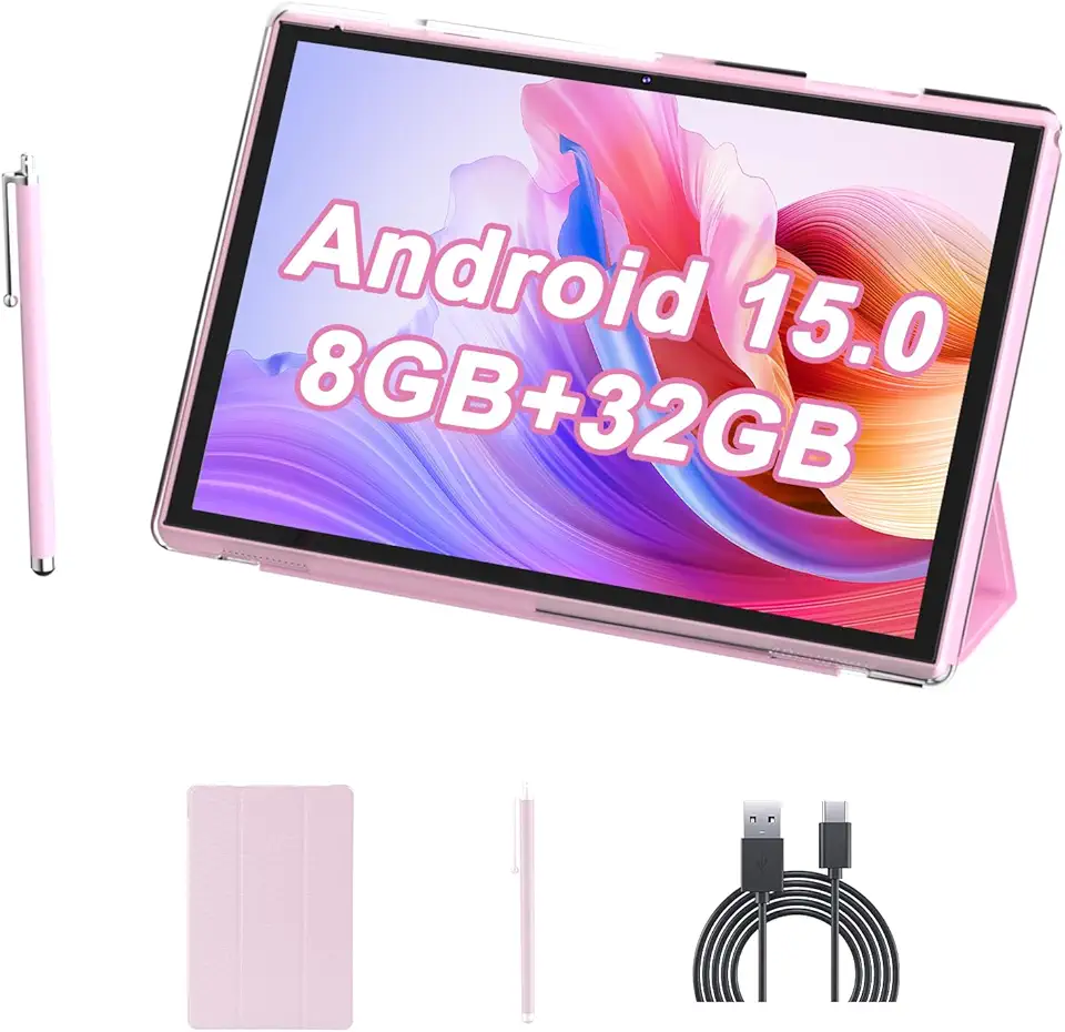 Tablet de 10 polegadas com capa Stylus, tablets Android 15, 8 GB de RAM, 32 GB, suporte para expansão de 1 TB, tablet de 10 polegadas, inclui capa protetora para tablet, câmera dupla 5G WiFi-6
