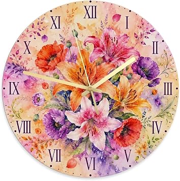 Flowers Wall Clock, Floral Watercolor Poppies Lilies Spring Peach Analog Wall Clock for Living Room Bedroom Kitchen Decor 11.6x11.6 Inches