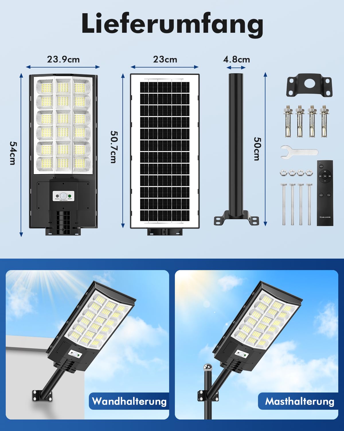 Bellany 600W Solar Straßenlaterne Solarlampen für Außen, 6500K Kaltweiß LED Strahler mit Bewegungsmelder,IP65 Wasserdichte Wandleuchte Bewegungssensor Solarleuchte für Graten Hof Garage Parkplatz Wege