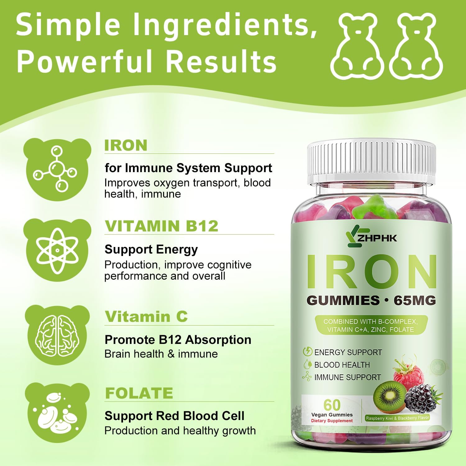 Iron Gummies for Women Men Vitamin Supplement 65mg & Vitamin C 250mg Per Serving with B6 B12 Folate- Energy Support for Iron Deficiency, Anemia, Vegan Raspberry Kiwi & Blackberry Flavor, 120 Gummies