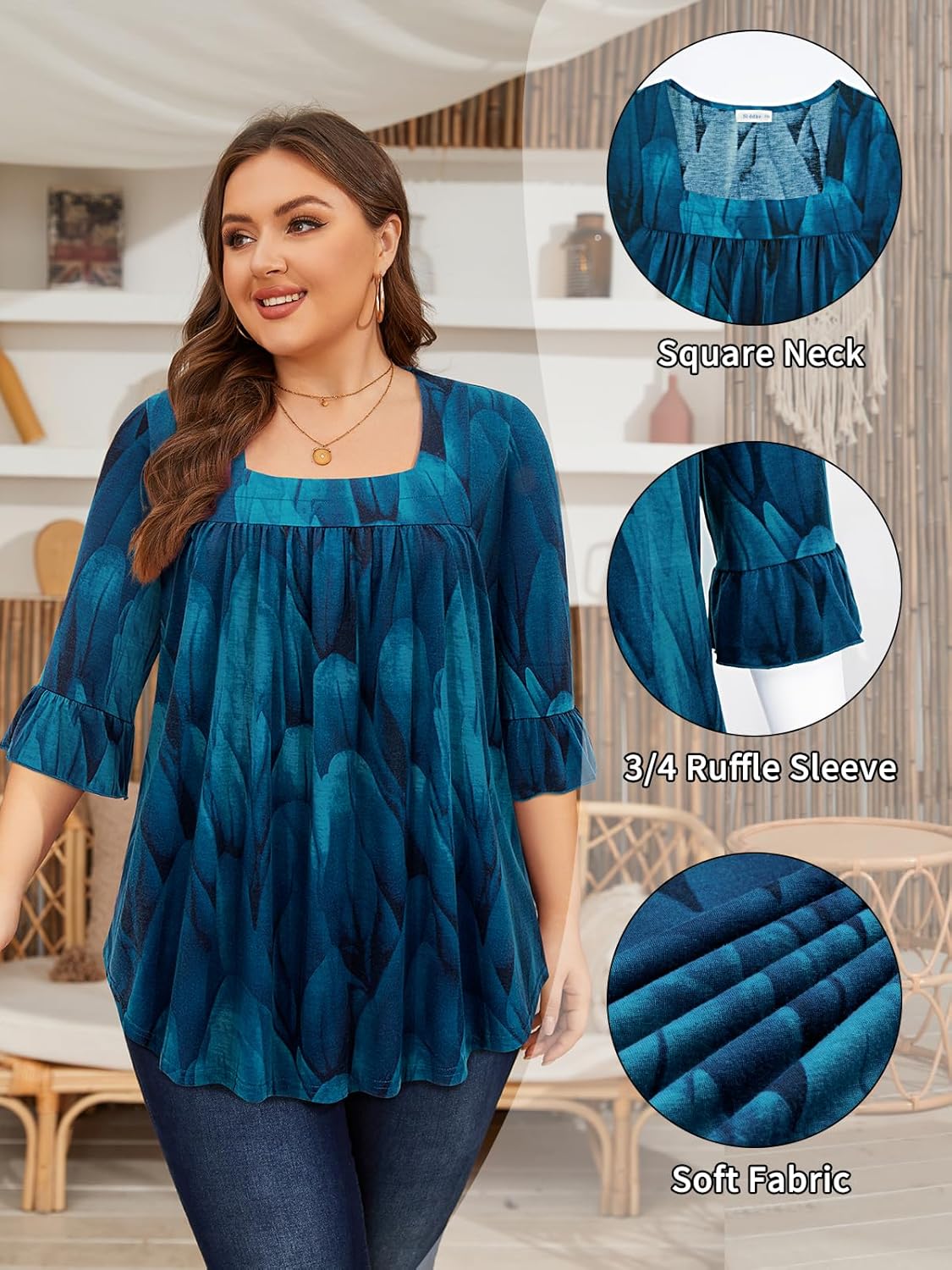 Siddhe Womens Plus Size Tops Loose Fit 3/4 Ruffle Sleeve Blouses Square Neck T Shirt Casual Tunic Tops(1X-5X) - Image 5