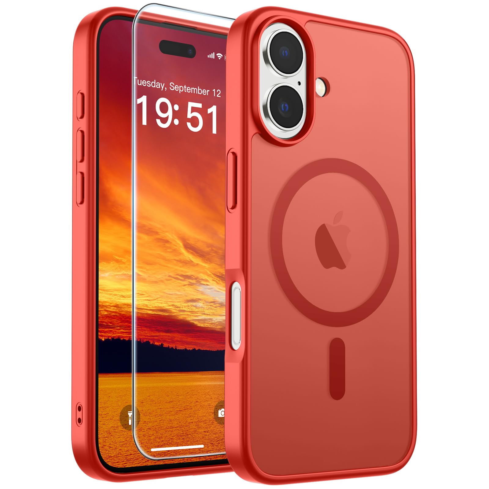 SUPFINE Magnetic for iPhone 17 Case Red with Screen Protector | Translucent Matte Phone Cover, Compatible with MagSafe, Military Grade Drop Proof, Rugged Shockproof Protective