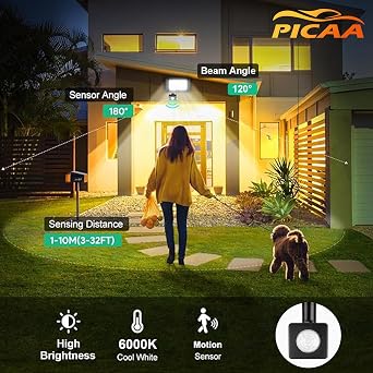 PICAA LED Security Lights with Motion Sensor 100W PIR Sensor Daylight White LED Flood Lights Outdoor IP66 Waterproof Floodlight Wall Light for Garage Garden Forecourt Hallway [Energy Class E]