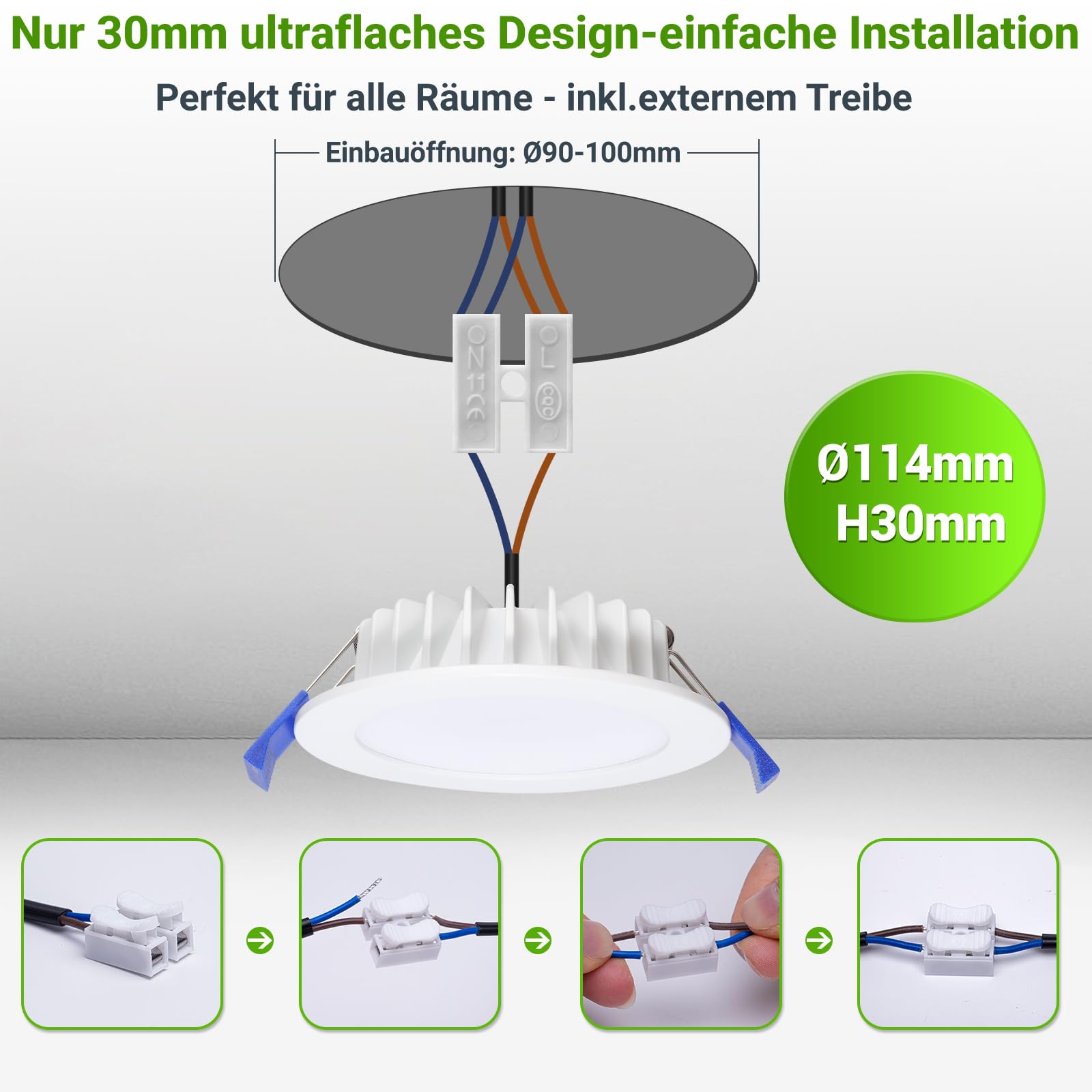 Oseia LED Einbaustrahler 230V, 12W 1200lm, Ultra Flach, IP44, Dimmbar, 3 Farbtemperaturen (3000K/4000K/6000K), Einbauspots Decke für Bad & Küche, 6er Set