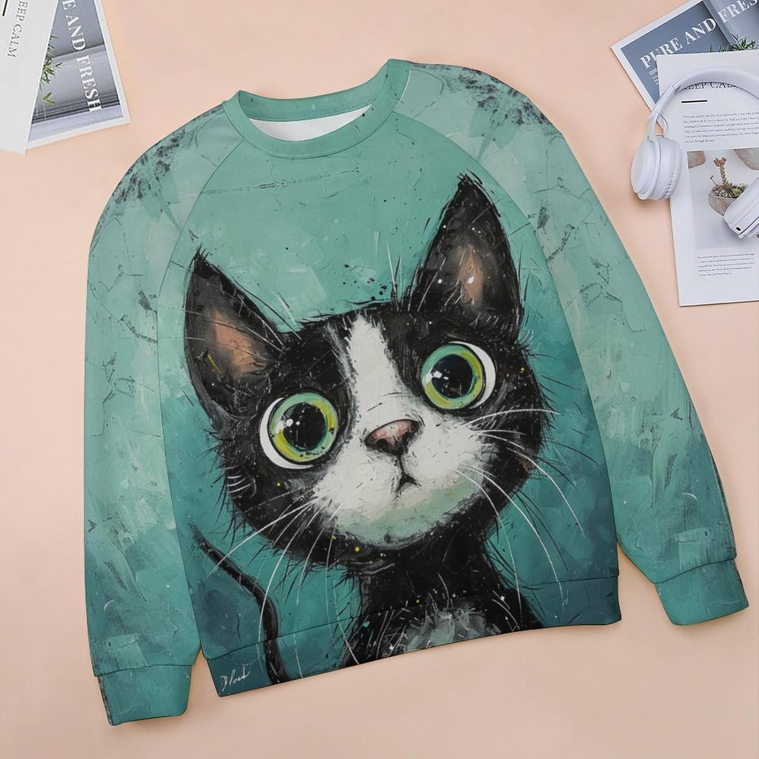 Womens Sweatshirt Oilpainting Cat Print Fall Oversized Cotton Holiday Casual Fashion Warm Crewneck Sweaters - Image 3