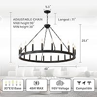 Vista 2 de Candelabro de rueda de vagón negro de 40 pulgadas, candelabros de rueda de vagón de granja de 20 luces, candelabros redondos industriales de techo
