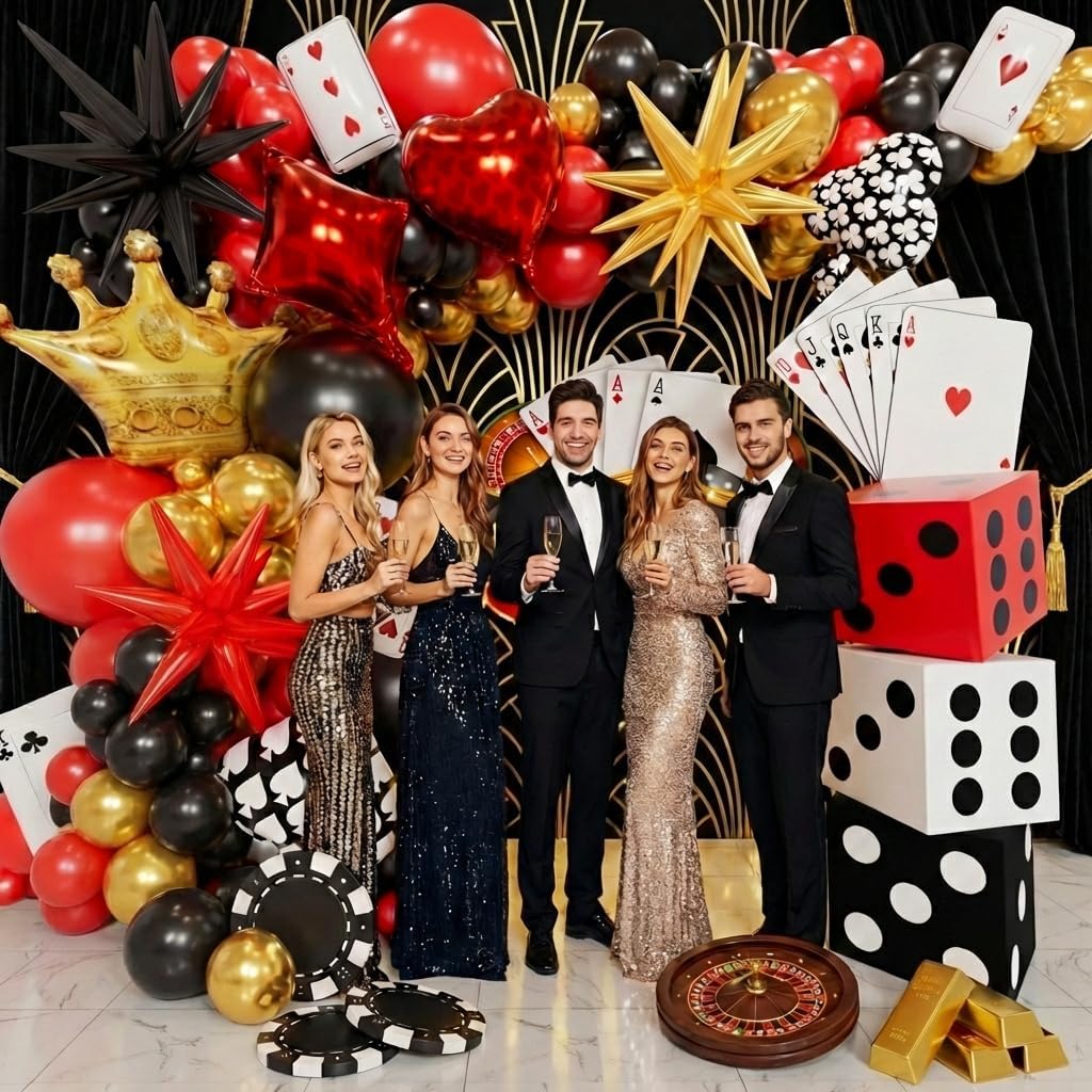 Casino Balloons Arch Kit - Latex Balloons, Dice Boxes, Full Deck of Big Pokers, Star, Crown Balloon Garland Kit for Birthday Anniversary Game Night Las Vegas Casino Theme Party Decorations