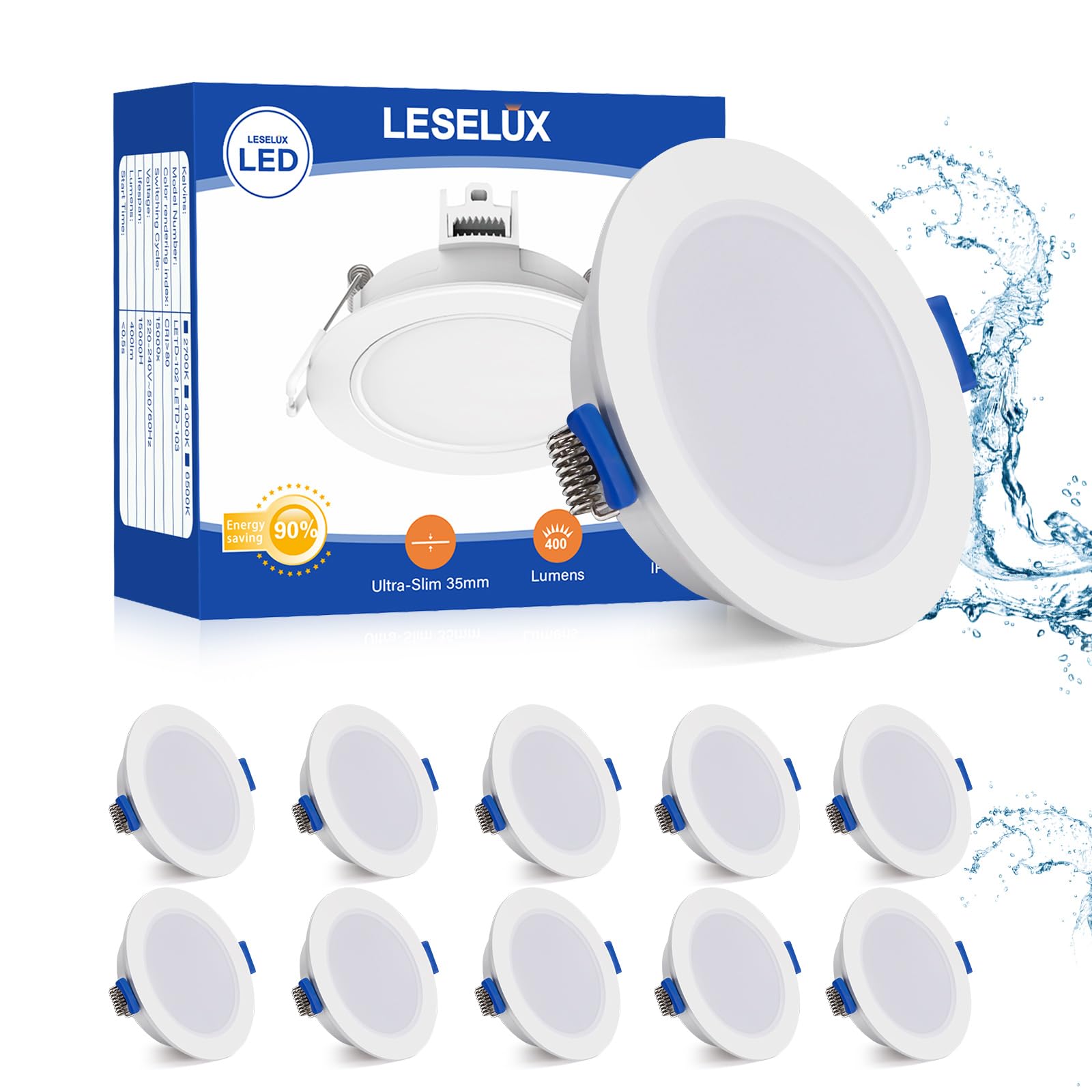 Leselux LED Spot 230V IP65, 10x LED Einbaustrahler Flach 5W 2700K Warmweiß 400LM, Deckenspots Weiß Ultra dünn 35mm, Deckeneinbaustrahler 68-80mm, Einbauleuchten für Das Bad Küche Wohnzimmer