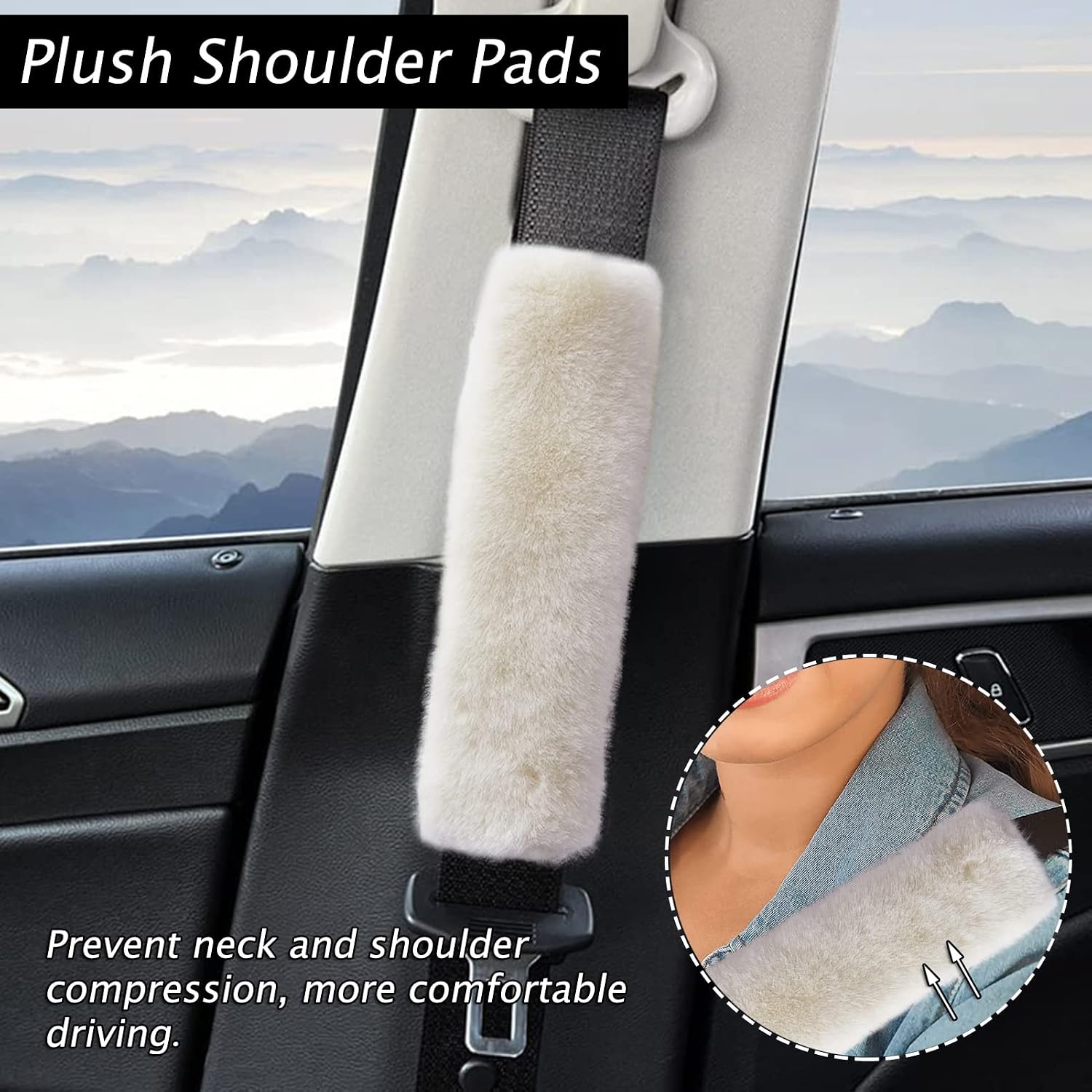 9 Pack Cute Bear Fluffy Steering Wheel Cover with Furry Gear Cover,Handbrake Cover,Seat Belt Pad,Armrest Pad,Bling Car Coaster and Fur Key Chain for Women Girls (Beige) image 3