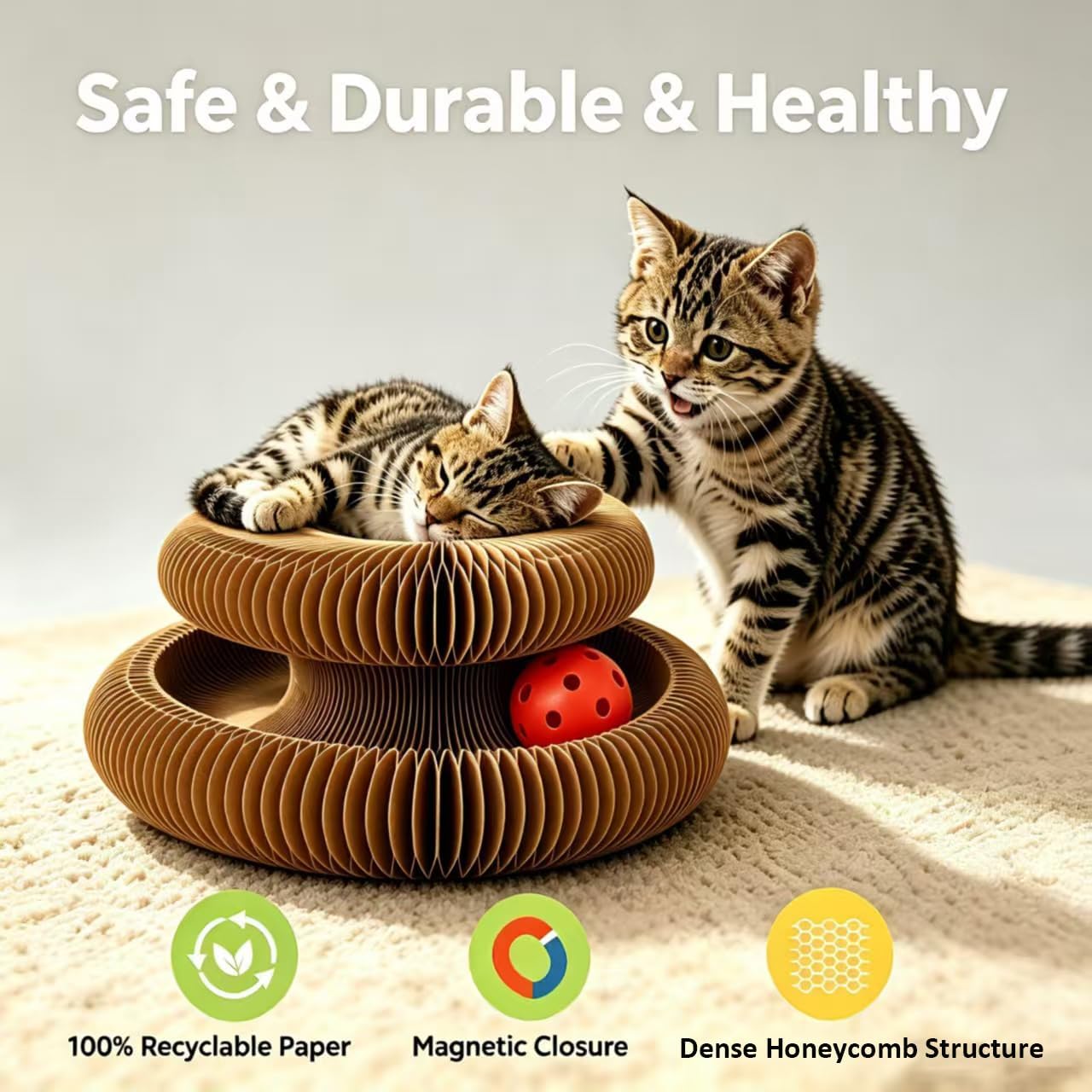 Kitty Curls Cat Toy, Magnetic Magic Organ Cat Scratch Board, Foldable Cat Accordion Toy, Interactive Track Scratcher Pad with Toy Catnip Bell, Durable Eco-Friendly Ring for Play, Chase & Scratch