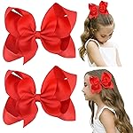 DEEKA 2 PCS 6 Big Hand-made Grosgrain Ribbon Solid Color Hair Bows Alligator Clips Hair Accessories for Little Teen Toddler Girls Kids Set of 2 -Red