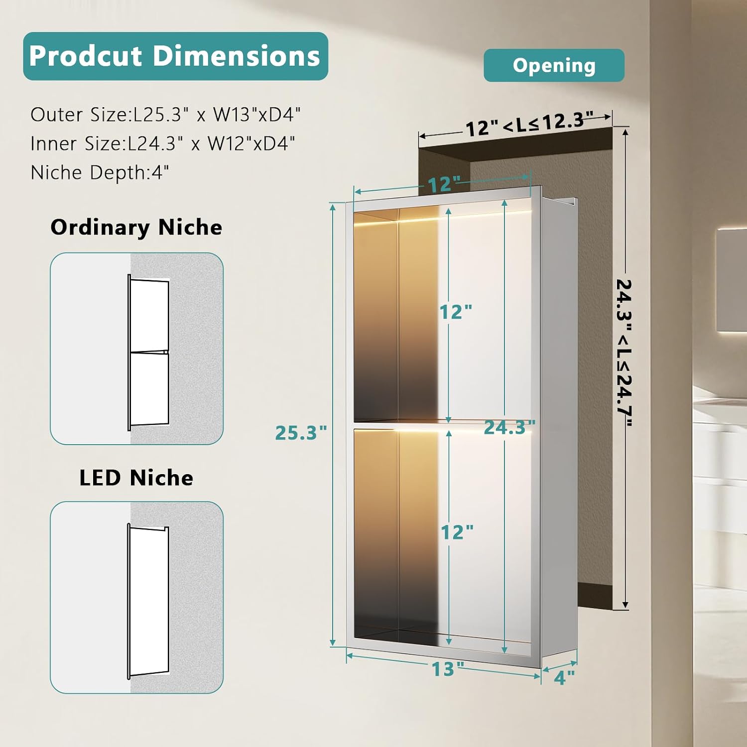 Bathroom Recessed Shower Niche with LED - Stainless Steel Wall Niche with Double Shelves, 12"x24"x4", Brushed, Horizontal or Vertical