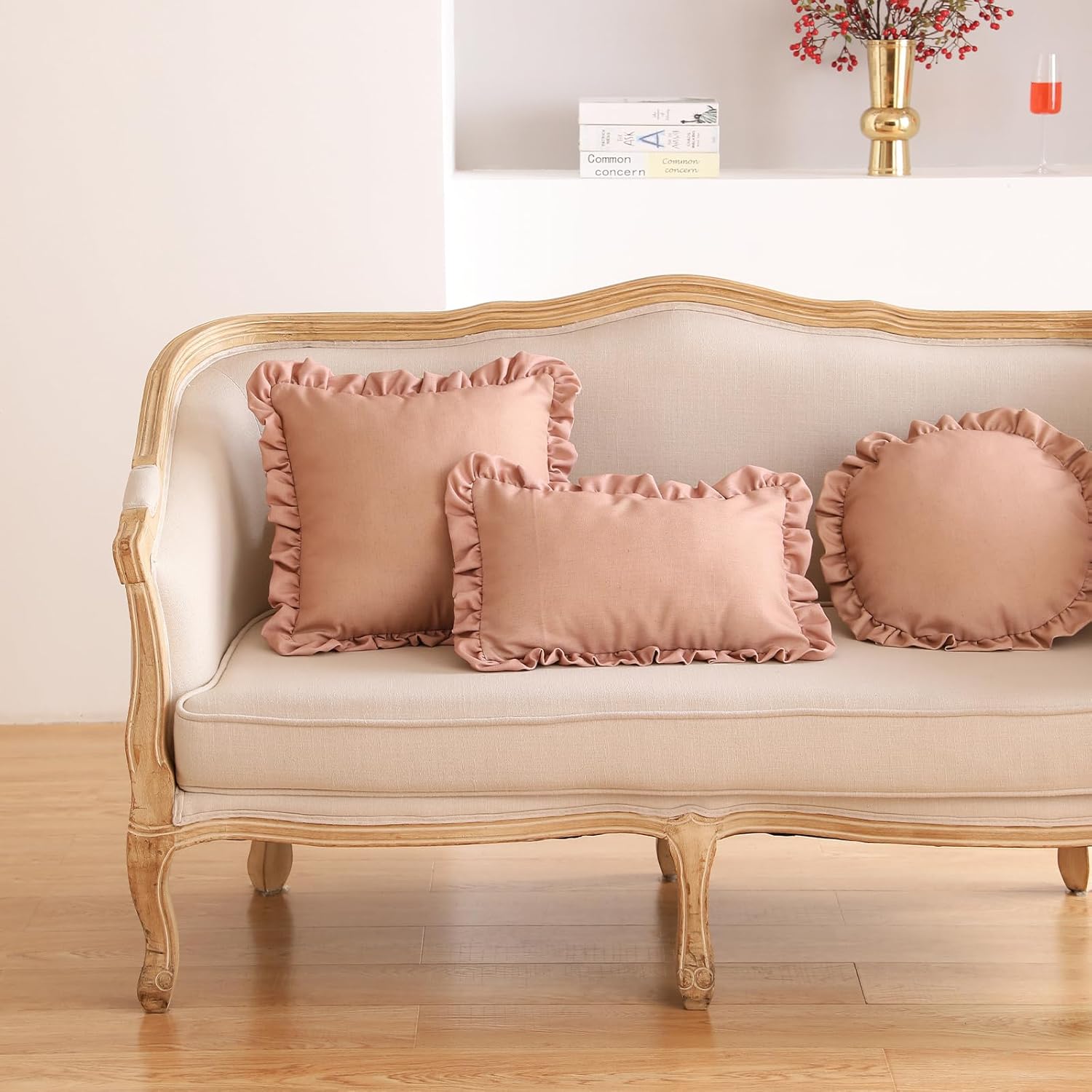 ISAENNE 2 Pcs Classic Pink Lumbar Throw Pillow Cover 12"x20", Solid Color Cottage Linen Cotton Decor Pillow Cover with Ruffles,Sturdy Rectangle Throw Pillow Case for Couch Sofa Bed Living Room