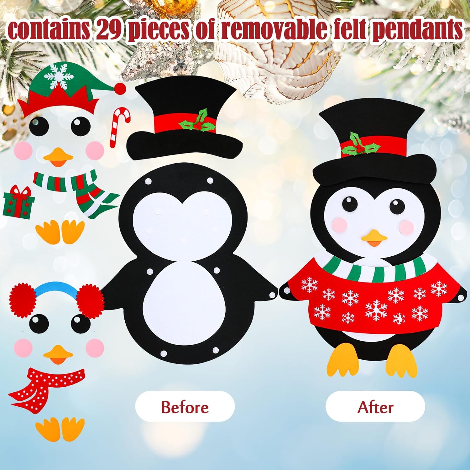 30 Pcs DIY Felt Christmas Winter Penguin Crafts Kits with 29 Detachable Ornaments 2.25ft Christmas Game Craft Kits for Little One Penguin Art Set Wall Hanging Gifts for Xmas Winter Holiday Party Decor