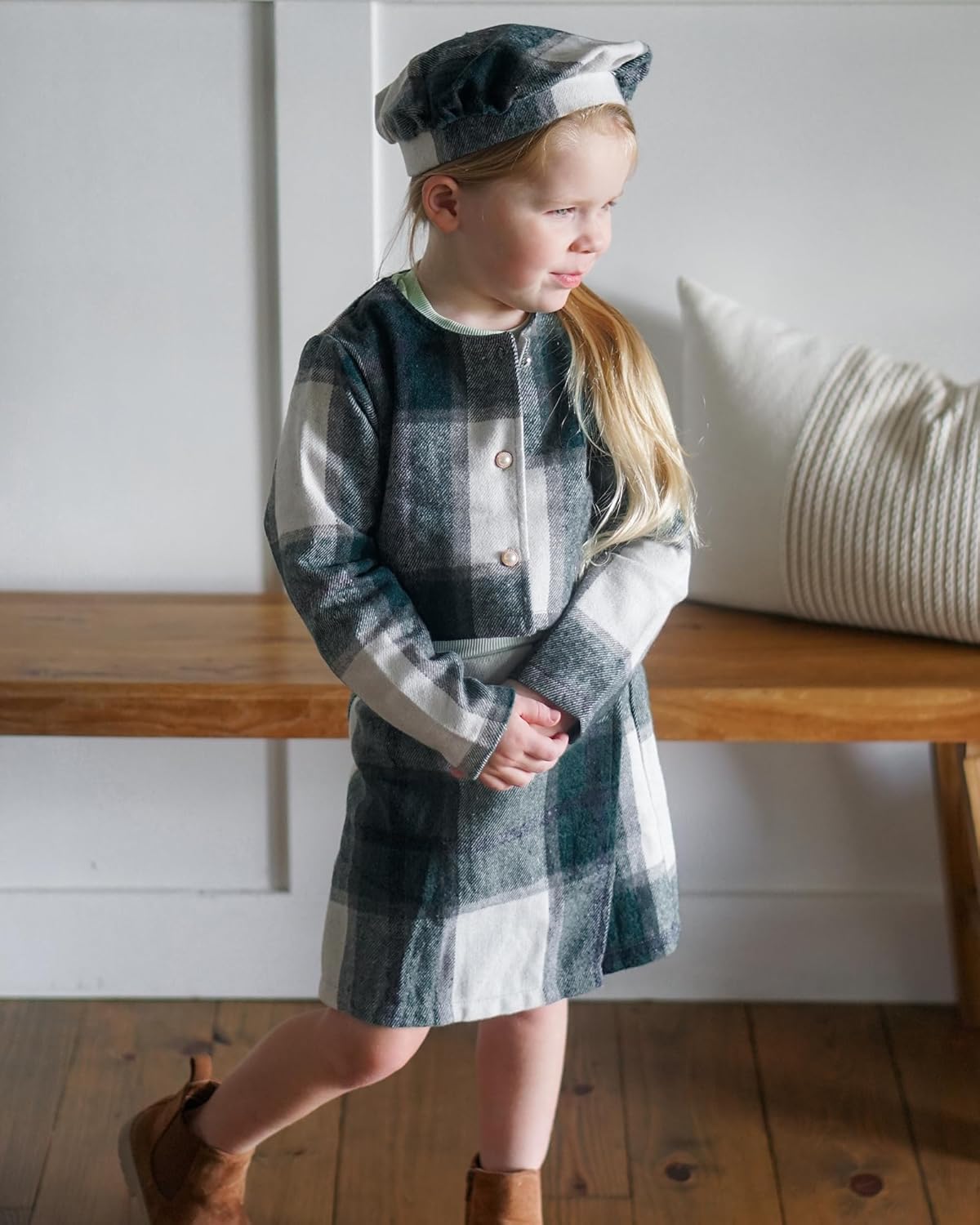 HINTINA Toddler Girl 4 Pieces Outfits Ruffles Long Sleeve Tops Plaid Skirt Jacket And Hat Fall Winter Clothes Set - Image 2