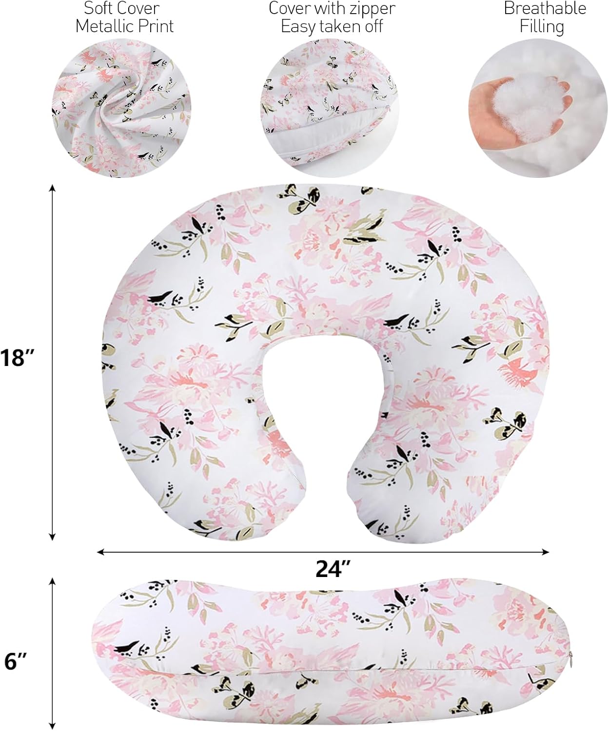 Nursing Pillow, Breast Feeding Pillows for Mom, Rose Floral Print Soft Cover with Breathable Filling, Infant Feeding Support Pillow for 0-12 Months, Multifunctional Support Cushion for Travel