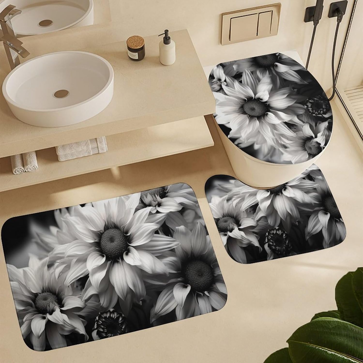 4 Pieces Country Rustic Sunflower Shower Curtain Set Black and White Floral Nature Bathroom Decor Sets with Rugs Bathroom Accessories Set Bathroom Curtain Shower Set with 12 Hooks