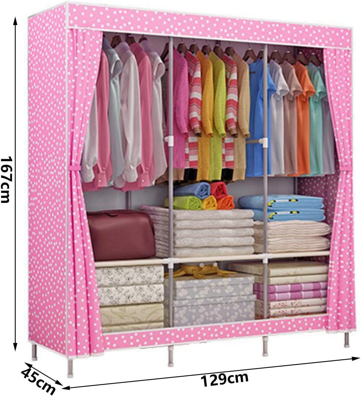 Portable Canvas Wardrobe, Fabric Wardrobes with Hanging Rail, Fabric Cover, Clothes Closet Storage Organizer for Clothes, Shoes,Green-129x45x167cm