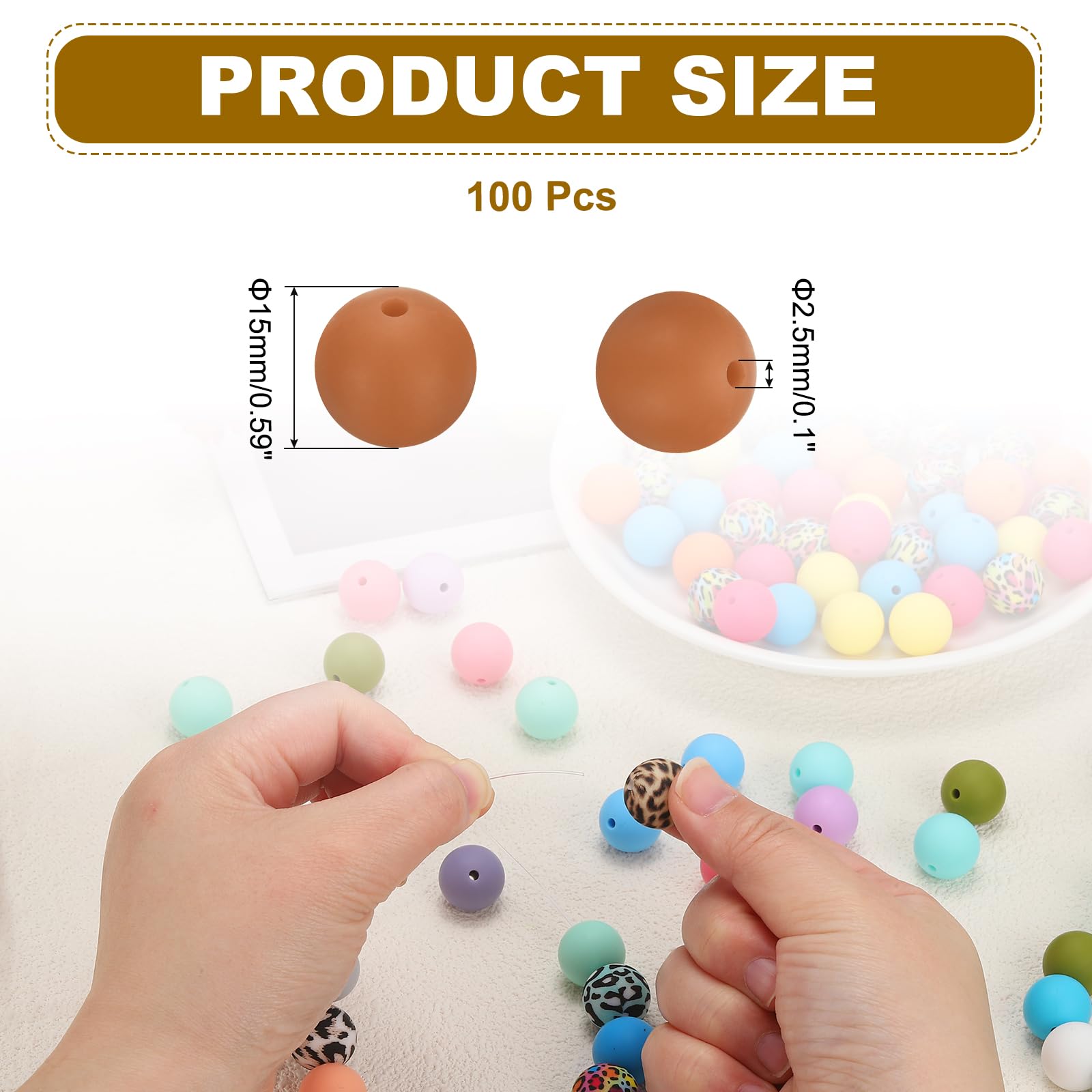 PATIKIL 100 Pcs Silicone Beads Bulk, Gold 15mm Silicone Round Focal Loose Beads for Keychain Pens Bracelets Necklace DIY Crafts Making - Image 2
