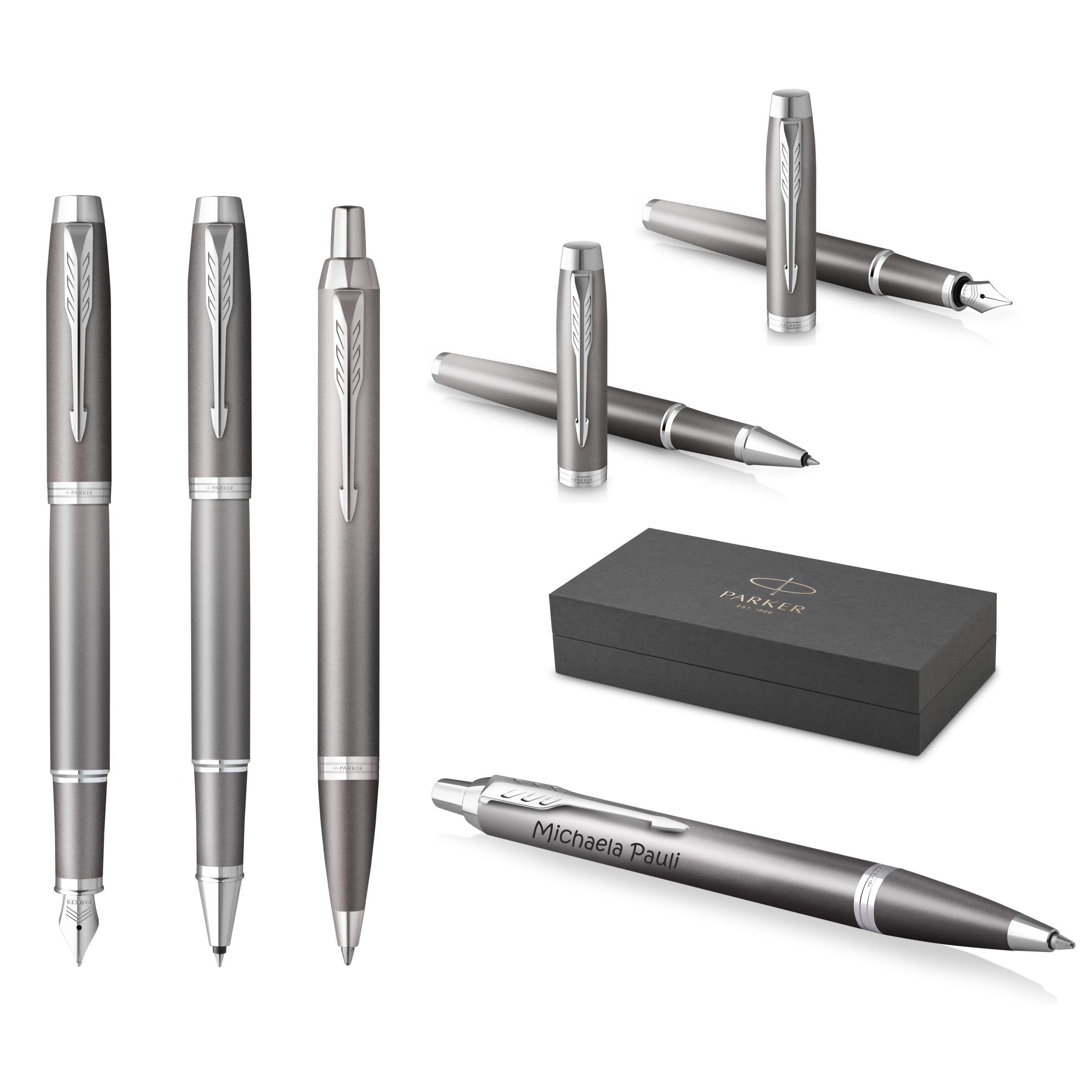 PARKER IM Rituals Set of 3 Ballpoint Pens and Fountain Pens and Rollerball Pens with Engraving, Premium Pen, Gift Box, Personalised, Birthday (Grey Chrome)