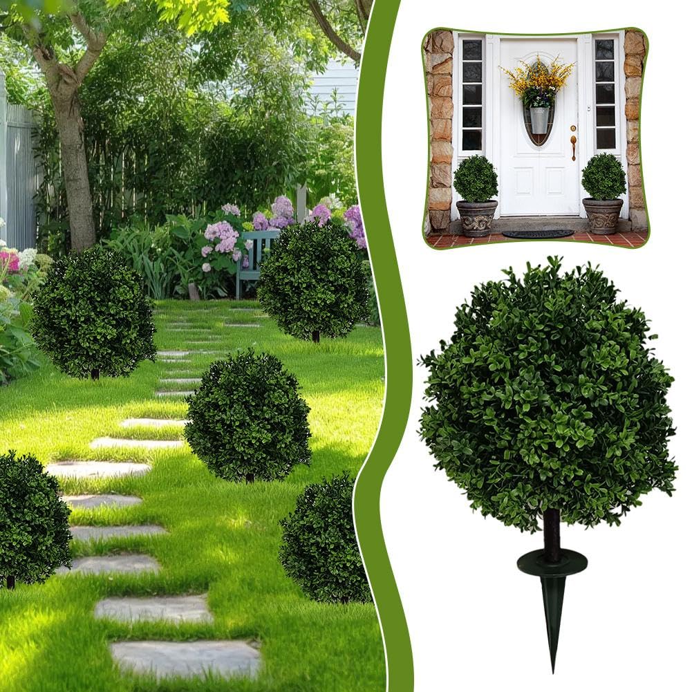 Artificial Boxwood Topiary Ball Bush – Fake Outdoor Shrub With Ground Spikes, Weather-Resistant Garden Decor