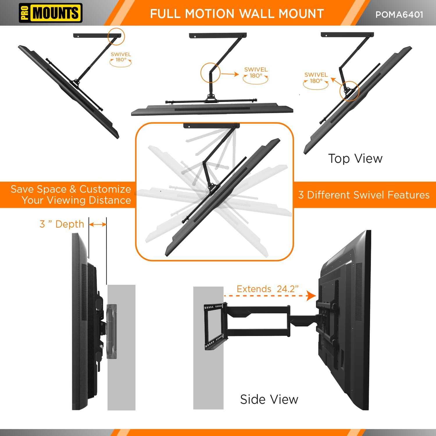 Diagram showing full motion capabilities of the TV mount