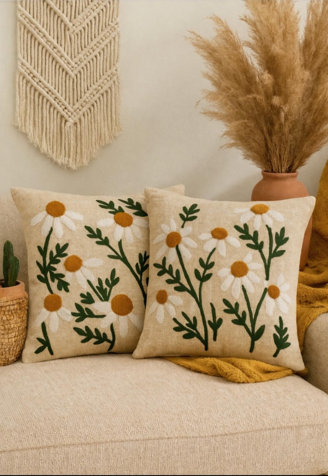 Daisy Floral Embroidered Cushion Cover 16x16 Inch | Beige, Dark Green & Mustard Yellow - Pack of 2 | Handmade Thread Work Decorative Throw Pillow Cover with Tassels for Sofa, Bed & Home Decor-image-15