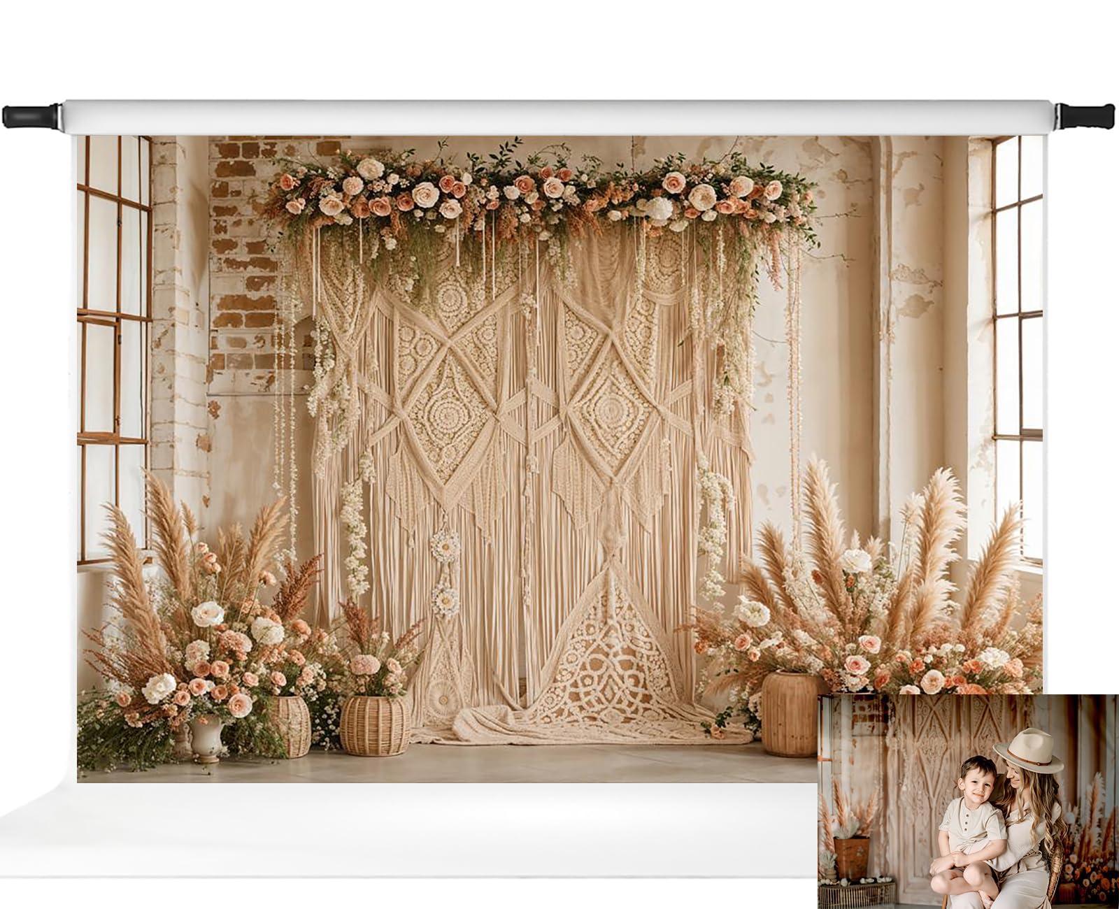 Kate Bohemian Backdrop Wedding Backdrop with Floral Boho Floral Photo Background Ceremony Party Background for Photography Studio Props, 10x6.5ft