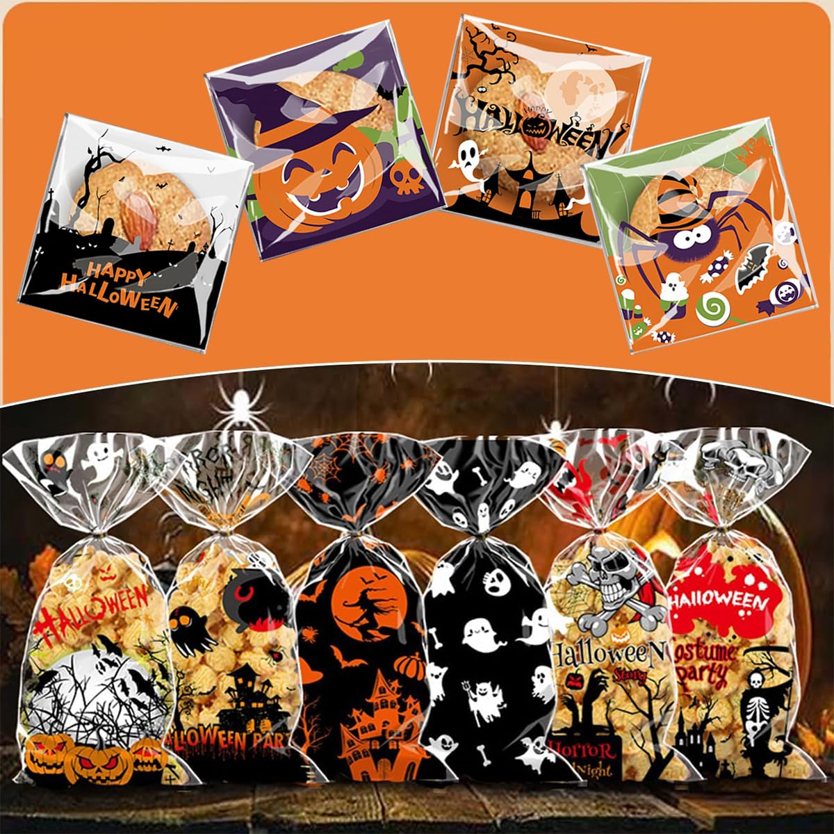 CooNtyx 150PCS Halloween Candy Bags, 50PCS Twist Bags 100pcs Self Adhesive Bags, Clear Plastic Treat bags with 50PCS Twist Ties for Snacks cookies Gift Supplies