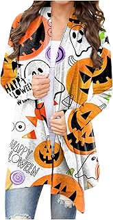 Halloween Women's Long Sleeve Cardigans Lightweight Ghost Pumpkin Cat Printed Lace Stitching Plus Size Women's Long Cardigans Sweaters Casual Black Sports Running Workout Gym Cardigans Tops